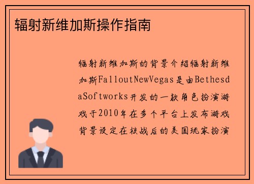 辐射新维加斯操作指南